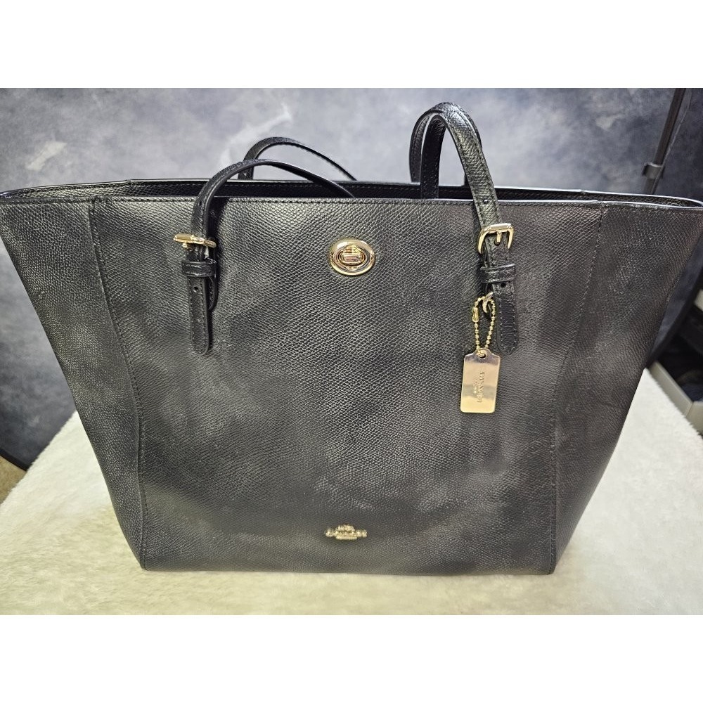 COACH Turnlock Large Tote Black Crossgrain Leather/ Gold Hardware Laptop WorkBag